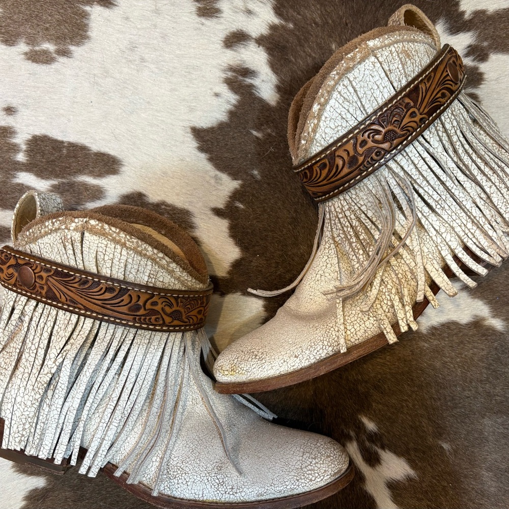 Frye White and Brown Fringed Ankle Booties